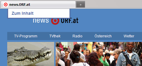 Screenshot von news.ORF.at, der eine aktive Sprungmarke zeigt.